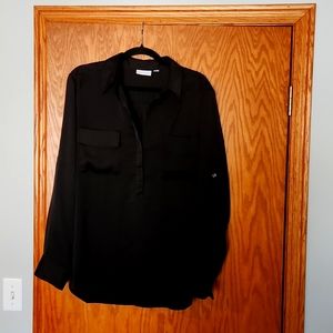 New York & Company black dress shirt with buttons down half of the shirt.